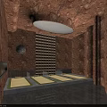 Luxury Bath Center Interior With Stone Walls Circular Ceiling Light Grid Design And Mat Seats