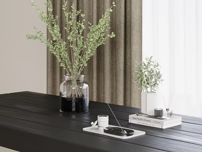 Decorative Vase With Fresh Green Branches On Black Wooden Table Alongside Stacked Books And Neutral Curtains 3d model