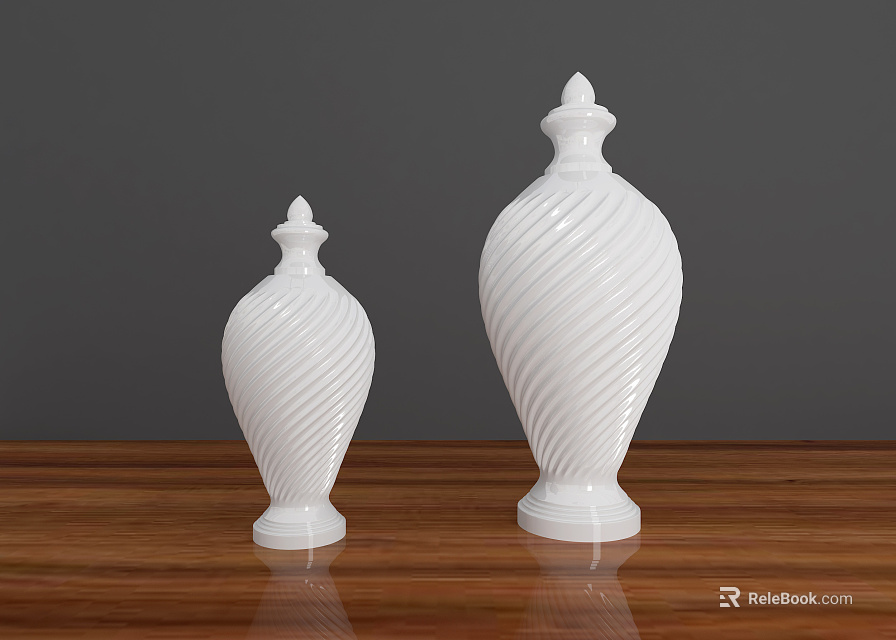 Two White Ceramic Vessels with Spiral Patterns on Wooden Tabletop Against Gray Background 3d model 