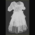 Blue Dress With Puffed Sleeves Layered Skirt Lace Trim And Bow Accent
