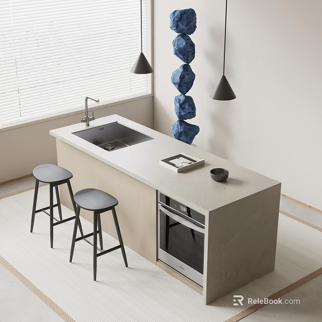Modern Bar Counter With Concrete Top Bar Stools Pendant Lights And Oven 3d model 