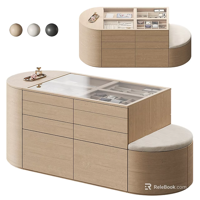 Wooden Storage Cabinet With Drawers Glass Top And Upholstered Seat Design 3d model 