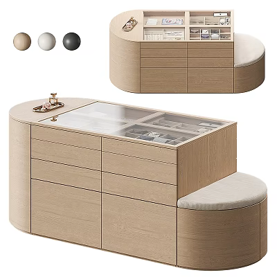 Wooden Storage Cabinet With Drawers Glass Top And Upholstered Seat Design 3d model