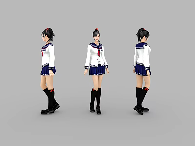 Woman in Sailor Uniform with Front Side Back Views White Top Blue Skirt Black Socks 3d model