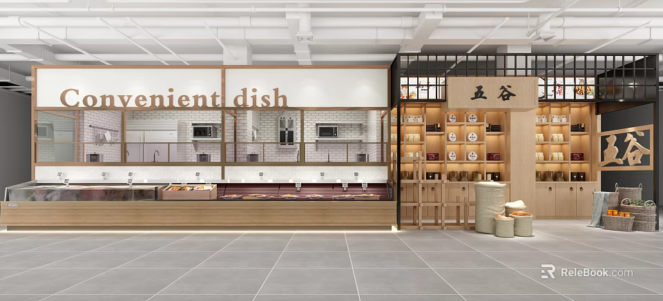 Convenient Dish and Whole Grain Specialty Store with Display Counters Microwaves and Shelves 3d model 