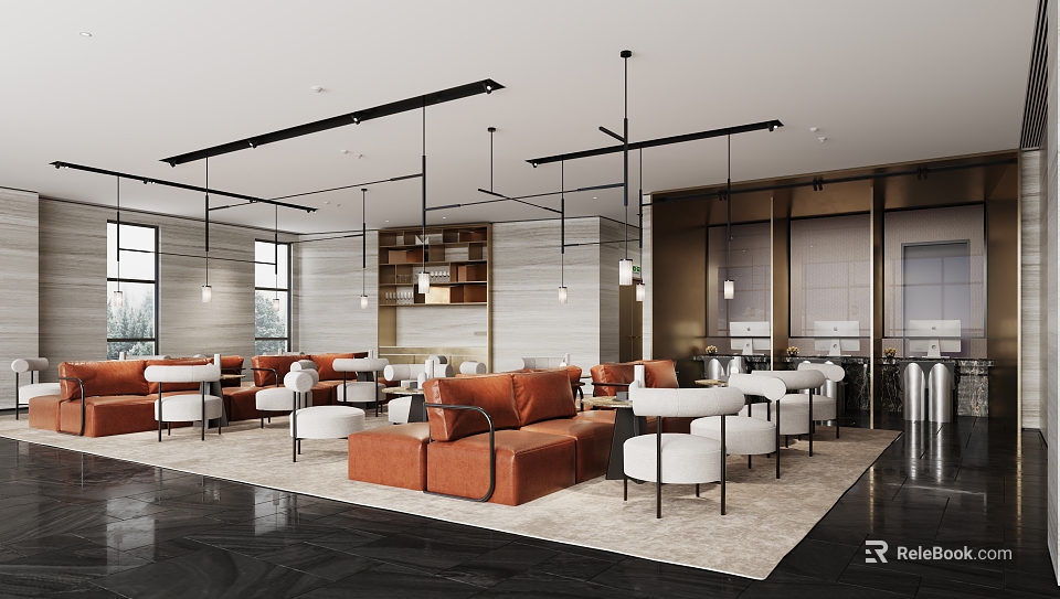 Modern Sales Office Interior With Orange Sofas White Tables And Hanging Lights 3d model 