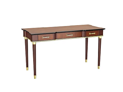 Dark Wood Writing Desk With Three Drawers And Gold Accent Legs 3d model