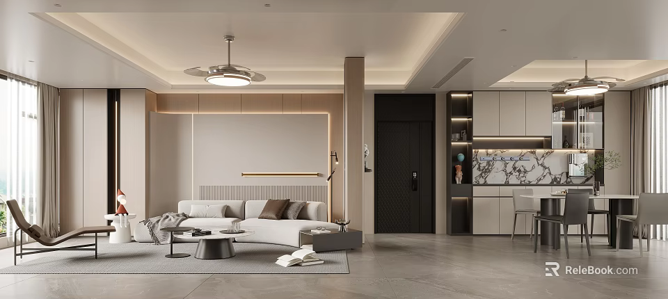 Modern Living And Dining Room Interior With Sofa Coffee Table And Ceiling Fan Light 3d model 