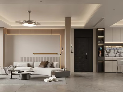 Modern Living And Dining Room Interior With Sofa Coffee Table And Ceiling Fan Light 3d model