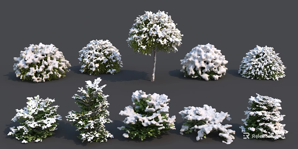 Snow Covered Bushes With Various Shapes And Green Foliage In Winter Scene 3d model 