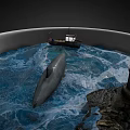 Cartoon Scene Inside White Cup With Blue Ocean Small Boat Dolphin And Lighthouse Under Clouds