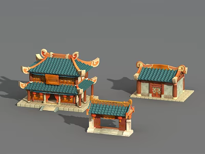 Cartoon Scene Featuring Traditional Chinese Architecture with Green Roofs and Red Decorations Multiple Miniature Buildings 3d model