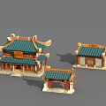 Cartoon Scene Featuring Traditional Chinese Architecture with Green Roofs and Red Decorations Multiple Miniature Buildings