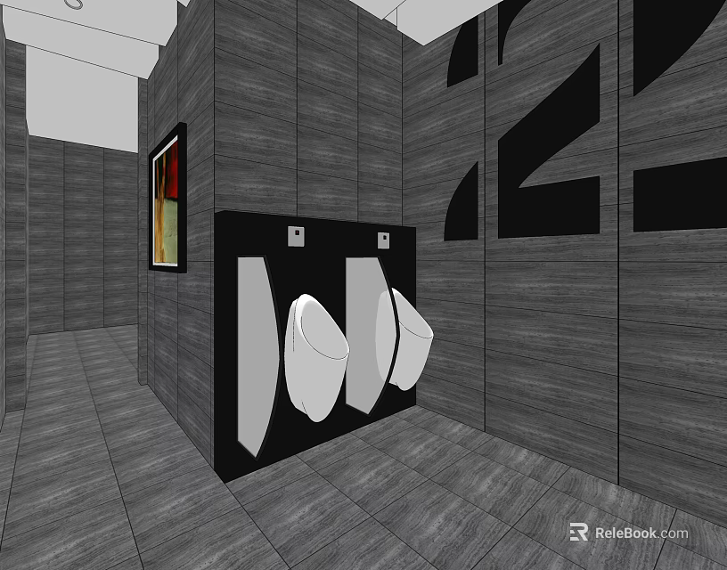 Public Toilet Interior With Dark Wood Walls Gray Tiled Floor And Urinals 3d model 
