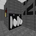 Public Toilet Interior With Dark Wood Walls Gray Tiled Floor And Urinals