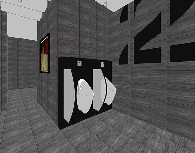Public Toilet Interior With Dark Wood Walls Gray Tiled Floor And Urinals 3d model