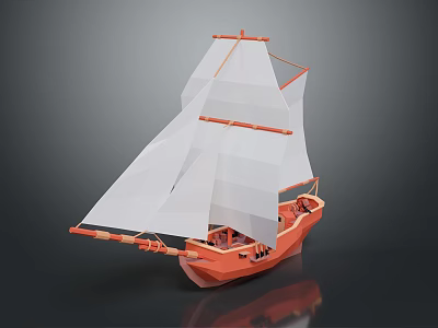 Orange Hull Sailing Boat Model With White Sails And Wooden Structure For 3d model
