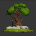 Cartoon Tree Scene Component with Green Canopy Brown Trunk Blue Mushrooms Lamp Post and Grass