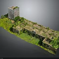 Ancient Ruins Model With Stone Tower Ruined Walls And Overgrown Grass