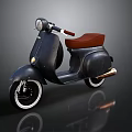 Vintage Black Scooter Motorcycle With Brown Seat Round Headlight And White Rim Wheels