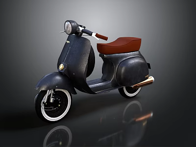 Vintage Black Scooter Motorcycle With Brown Seat Round Headlight And White Rim Wheels 3d model