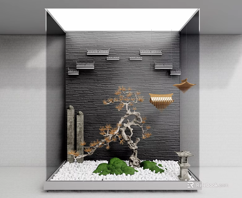 Stylish Mini Garden Design Featuring Rock Formations Pine Tree Moss White Pebbles And Hanging Lanterns 3d model