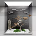 Stylish Mini Garden Design Featuring Rock Formations Pine Tree Moss White Pebbles And Hanging Lanterns 3d model
