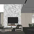 Modern Duplex Living Room Interior Design With Marble Accent Wall And Floor to Ceiling Windows
