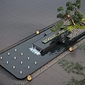 Modern Water Feature Fountain With Waterfall Decorative Lights Stone Bridge And Green Trees
