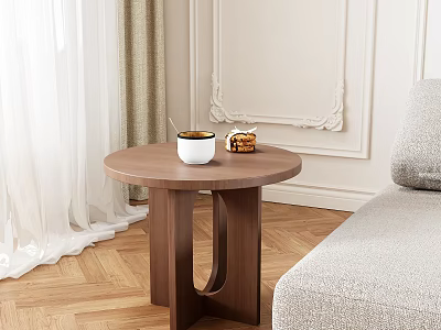 Walnut Wooden Round Top Side Table with White Cup and Pastry in Cozy Living Room 3d model