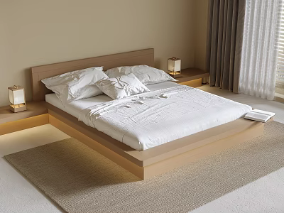 Modern Double Bed with Wooden Headboard White Bedsheets Pillows Bedside Tables Small Lamps Curtains Rug 3d model