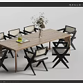 Wooden Dining Table Set With Black Frame Beige Seats Chairs And Dried Plant Vase