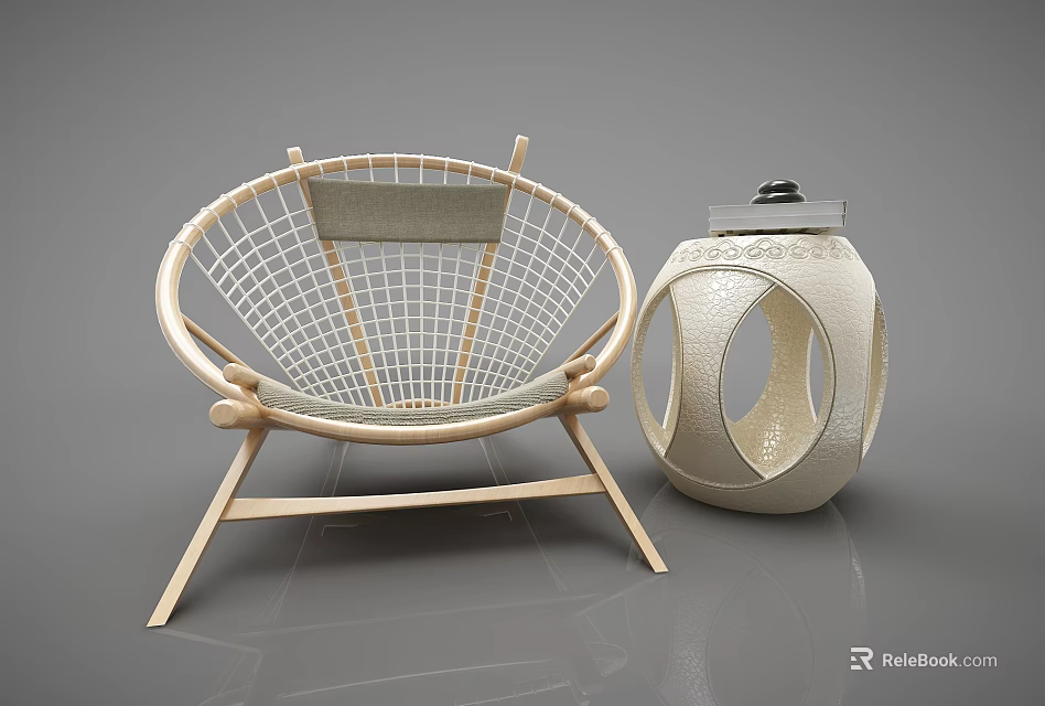 Round Mesh Design Woven Rattan Leisure Chair with Wooden Frame and Decorative Lantern 3d model 
