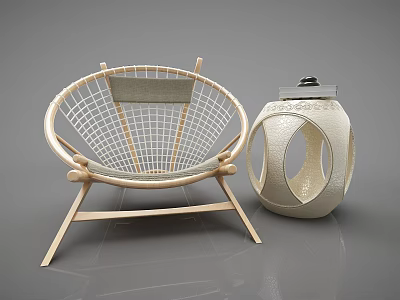 Round Mesh Design Woven Rattan Leisure Chair with Wooden Frame and Decorative Lantern 3d model