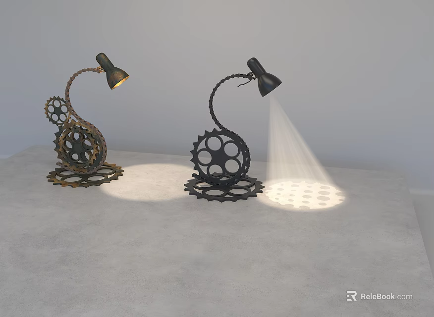 Vintage Industrial Floor Lamp with Gear Shaped Metal Base Adjustable Gooseneck and Warm Light Projection 3d model 