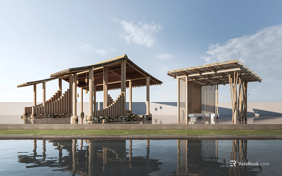 Modern Wooden Pavilion Structures With Water Reflection Blue Sky And Grass Area 3d model