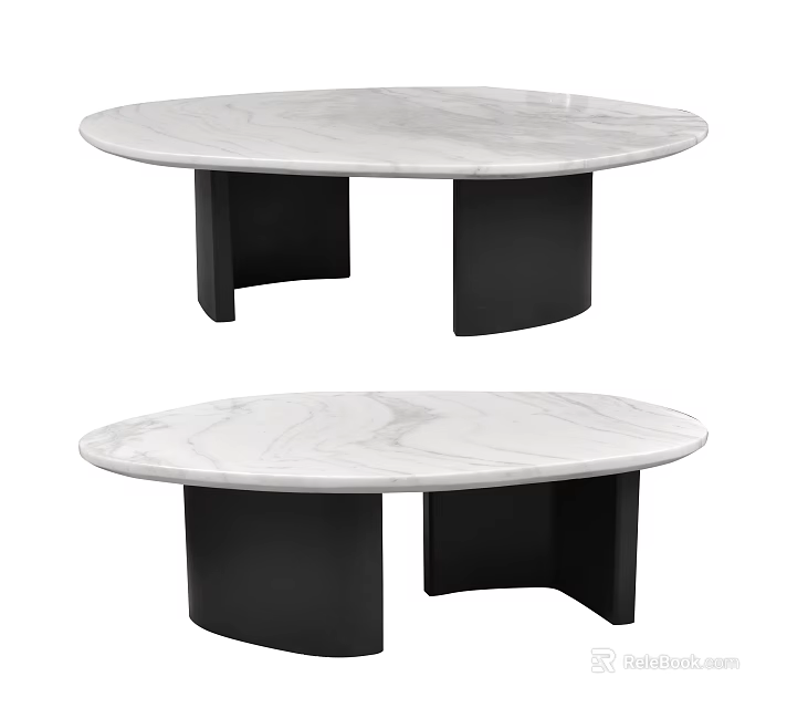 Modern Sofa Coffee Table Set With Round Marble Top And Black Metal Legs 3d model 