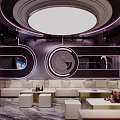 Modern KTV Lounge With Purple Lighting Circular Decorations Sofas Coffee Tables And TV Screen