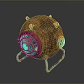 Vintage Copper Spherical Weapon With Metal Stand Riveted Details And Circular Windows
