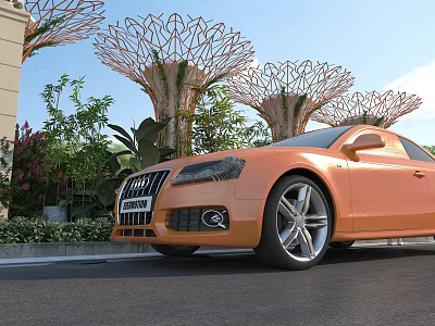 Garden Landscape With Unique Tree Shaped Structures Green Plants And Orange Audi Car Near Building 3d model