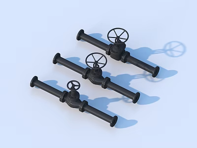 Three Black Household Valves With Wheel Shaped Handles On Light Blue Background 3d model