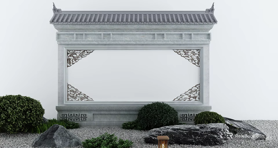Traditional Chinese Screen Wall Featuring Gray Tiled Roof White Wall Carved Decorations Green Plants Rocks 3d model 