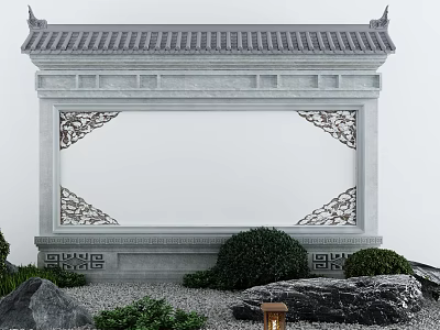 Traditional Chinese Screen Wall Featuring Gray Tiled Roof White Wall Carved Decorations Green Plants Rocks 3d model