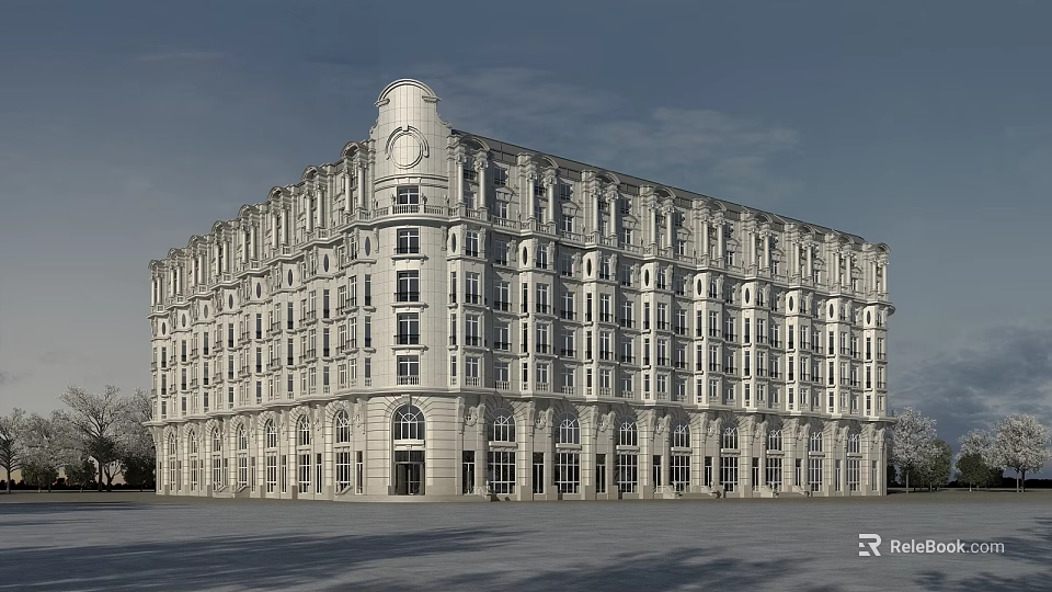 Elegant Classical Office Building With White Exterior Symmetrical Design And Numerous Windows 3d model 