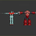 Two Robot Characters With Blue Green Red Black Design Extended Arms Sword And Claw Weapons
