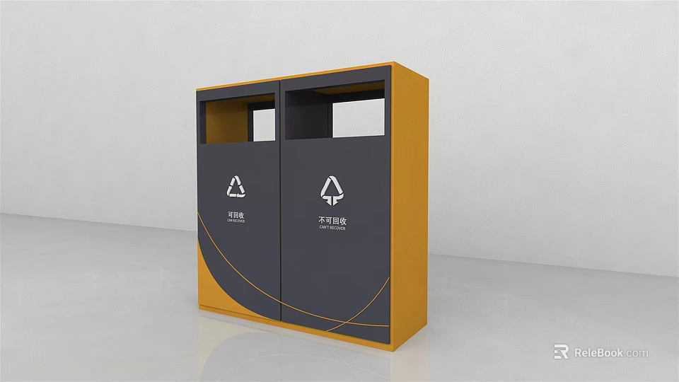 Public Facility Waste Sorting Bin With Dual Compartments Gray Yellow Design And Symbols 3d model 