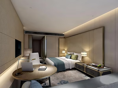 Modern Hotel Guest Room Interior Featuring Comfortable Bed Bedside Lamps Round Table And Laptop 3d model