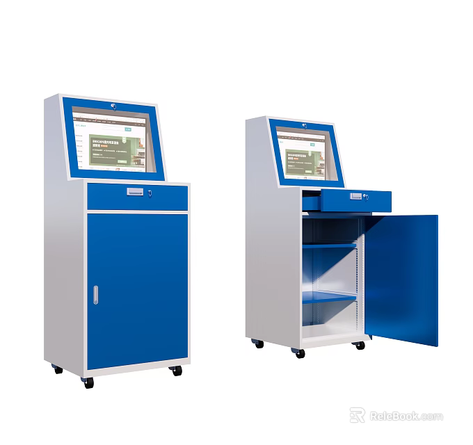 Public Facility Self Service Kiosks with Blue White Cabinet Open Door Wheels and Display Screen 3d model 