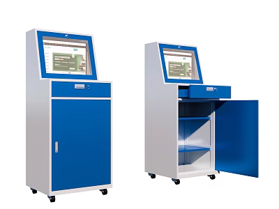 Public Facility Self Service Kiosks with Blue White Cabinet Open Door Wheels and Display Screen 3d model