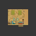 Cartoon Room Scene With Yellow Walls Green Decor Blue Windows Fireplace Rug Bed And Furniture